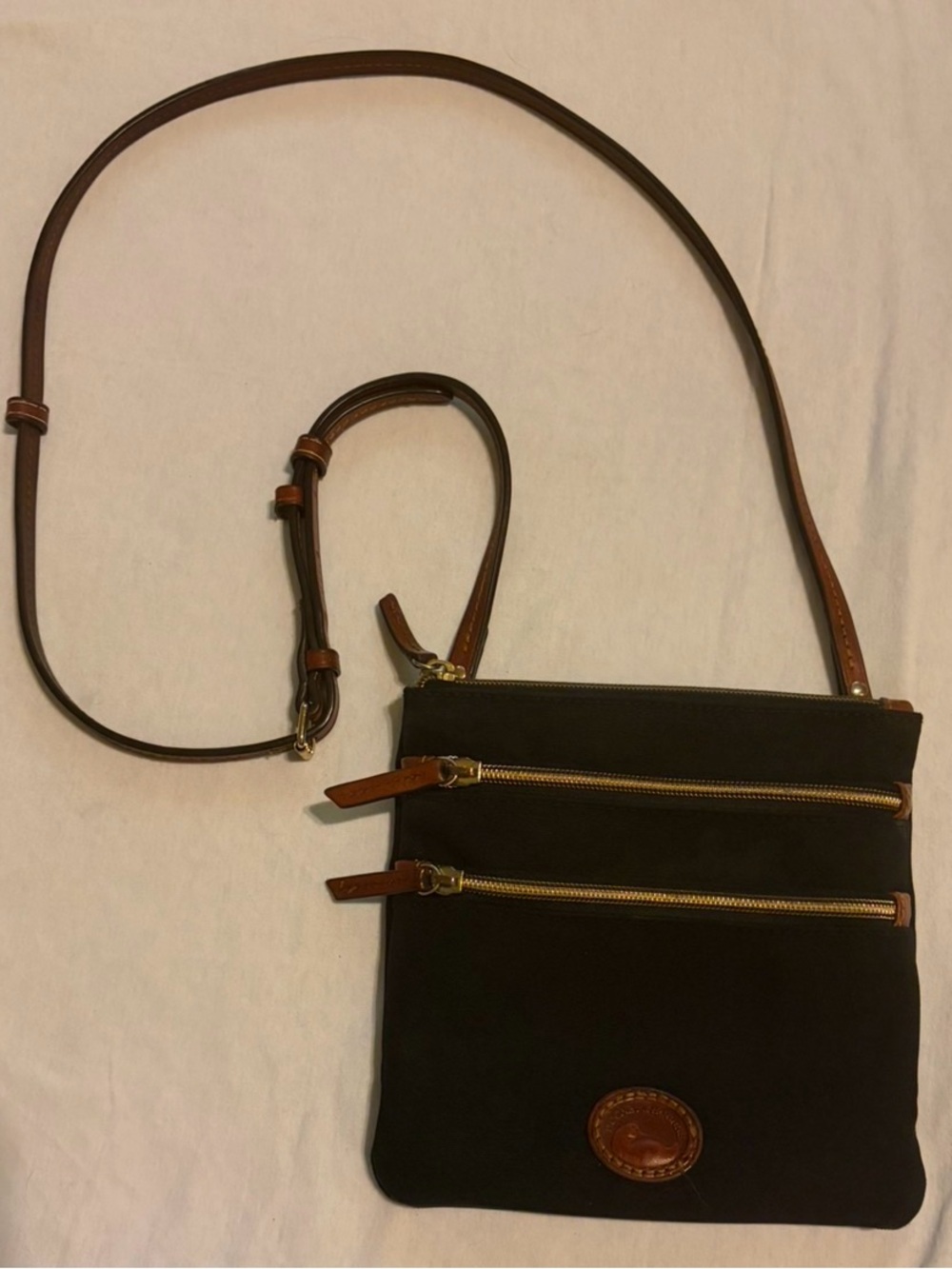 Dooney & Bourke Black Triple Zip Crossbody with Brown Leather Trim